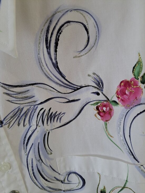 Hand-Painted Creative Artwear White Button-Up Shirt  Floral  Bird Women's Med - Picture 3 of 12